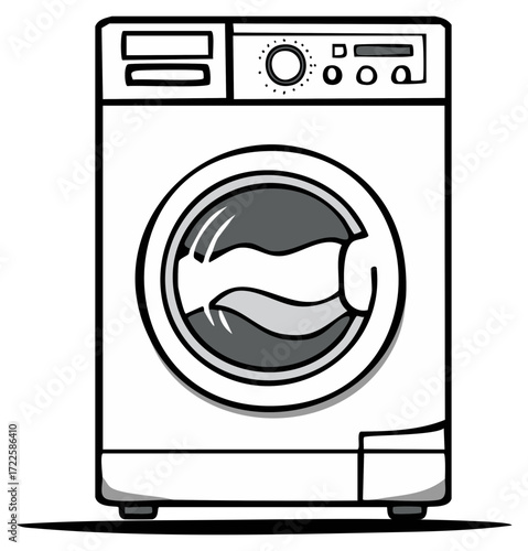 Vector illustration of a front load washing machine in a black and white comic style