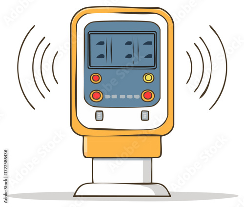 Retro futuristic communication device or pager buzzing with a notification alert cartoon illustration