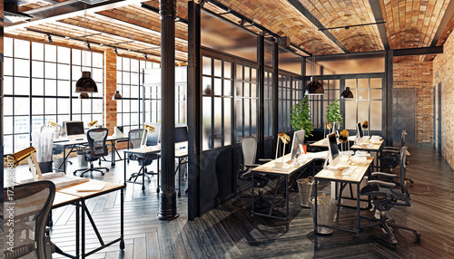 Modern industrial loft office interior. Empty open-plan workspace with brick walls and wooden desks. Architectural visualization and 3D rendering.