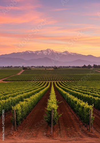 Scenic Vineyard Landscape with Majestic Mountains Under a Colorful Sunset Sky in a Rural Setting