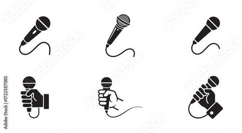 Hand Holding Microphone and Muted Mic Icons Collection