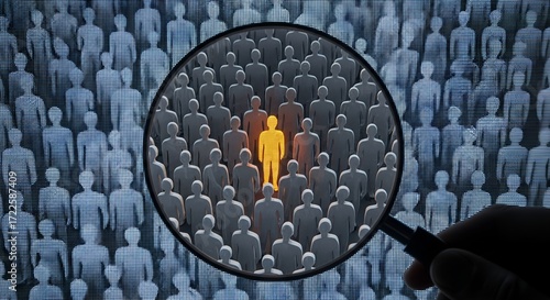 Magnifying glass highlights unique glowing person amidst crowd, symbolizing individuality and standing out from the masses for business recruitment or social concept.