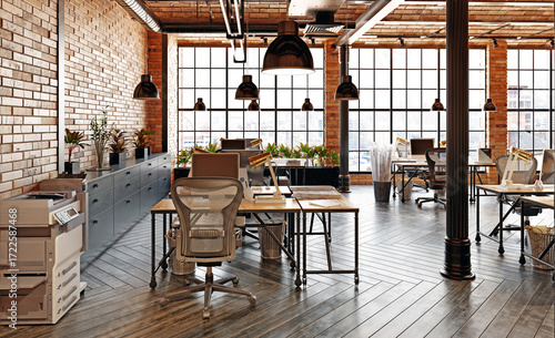 3D rendering of a modern industrial loft office interior. Empty workspace with brick walls and wooden desks. Contemporary workplace design.