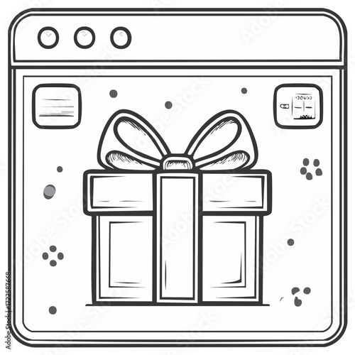 Digital Christmas present box doodle, wrapped with ribbon on stylized device screen.