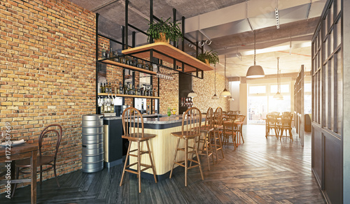 Empty restaurant bar interior with an industrial loft design. Modern pub with exposed brick walls and wooden furniture. 3D rendering.