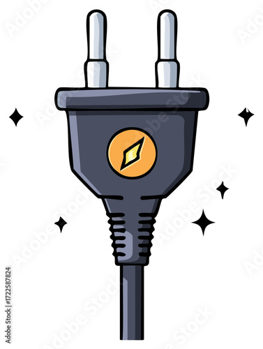 Electrical Plug Cartoon Graphic with Energy Sparkles and Compass Pointing to Power Source Concept