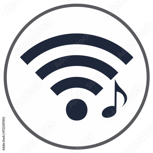 Simple circular icon of a wifi signal and a music note for streaming audio, podcast, and online radio