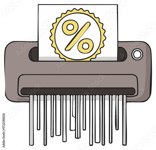 Shredding percentage symbol on paper by office shredder representing discount termination or financial change