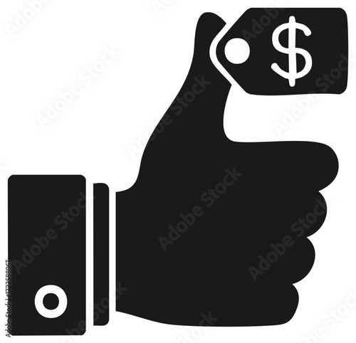 Hand with thumbs up gesture holding price tag with dollar symbol, vector illustration