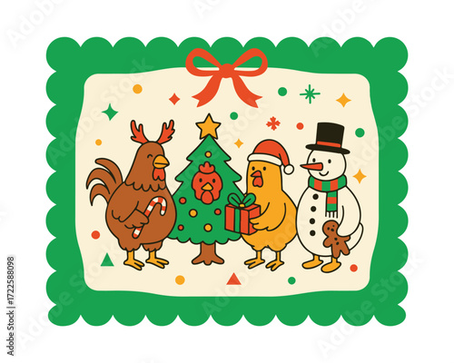 Christmas Chicken Farm Hand-Drawn Frame