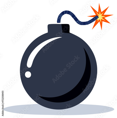 Cartoon Style Round Bomb with Burning Fuse Ready to Explode Isolated on White