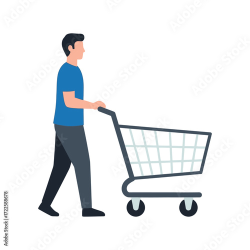 Man pushing shopping cart for online retail and store purchases vector