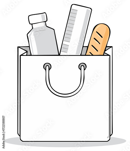Shopping bag filled with a bottle, ruler, and baguette, representing everyday purchases and errands.