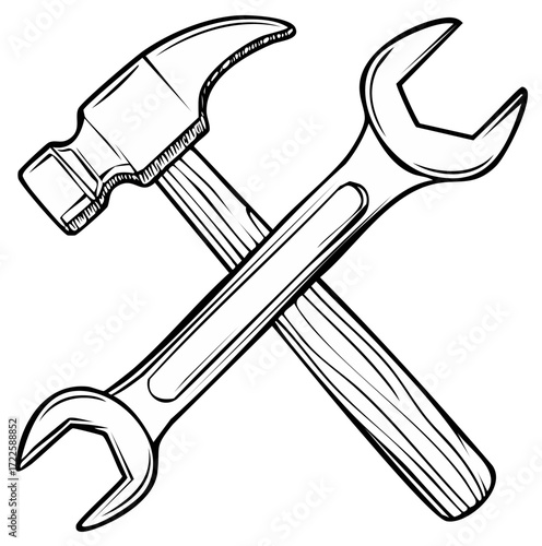 Hammer and Wrench Tools Crossed Line Art Illustration Representing Handyman Services and Repair Work in Black and White