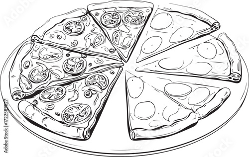 Pizza Party Slice: A delicious, hand-drawn pizza is artfully sliced and arranged on a plate, depicting the perfect comfort food.