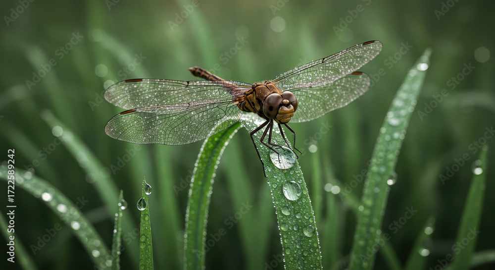 Fototapeta premium Dragonfly on dewy grass