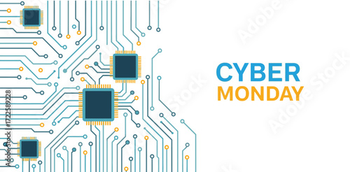Cyber monday technology circuit board digital innovation online sale announcement vector