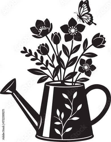 Watering Can with Flowers Vector Art  Garden Icon