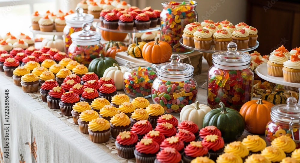 Fototapeta premium A dessert table is laden with cupcakes candy jars pumpkins and gourds against a bright window background