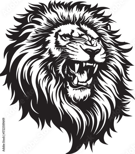 Majestic Lion's Roar: A striking black and white illustration of a powerful lion, captured in mid-roar, exudes strength and dominance.
