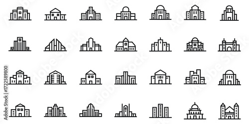 Collection of minimalist building icons representing architecture styles on transparent background