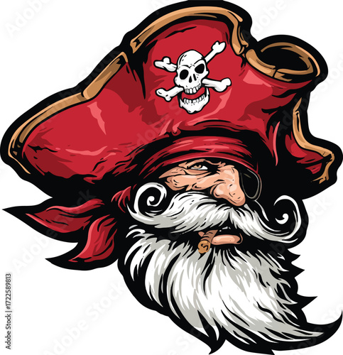 Fearless Pirate: Bold illustration of a weathered pirate, exuding charisma with his iconic tricorn hat adorned with a skull and crossbones, a symbol of adventure and a rugged, rebellious spirit.