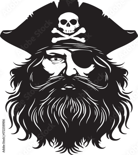 Pirate Portrait in Silhouette: A stoic pirate, etched in stark monochrome, sports a tricorn hat emblazoned with a skull and crossbones, with a patch obscuring one eye.