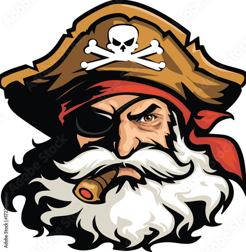 Pirate Captain: A detailed vector illustration of a stern pirate captain, featuring a hat, eye patch, and smoking a cigar, ready for adventure on the high seas.
