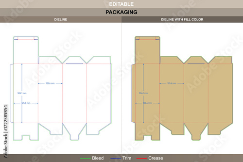 Tuck end box dieline with pins in custom dimensions, editable carton packaging template with folding mockup layout, retail design branding, and accurate die line details