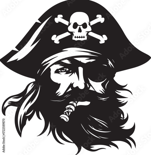 Buccaneer's Gaze: An artistic rendition of a fierce pirate, complete with a detailed skull and crossbones emblem, beard, and a mysterious gaze.
