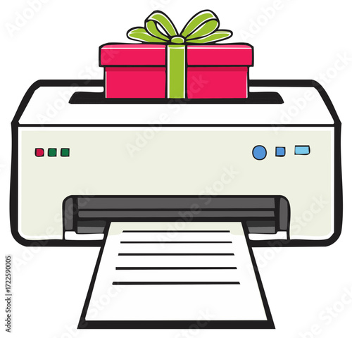 Office printer with a festive holiday gift box on top printing a document vector illustration