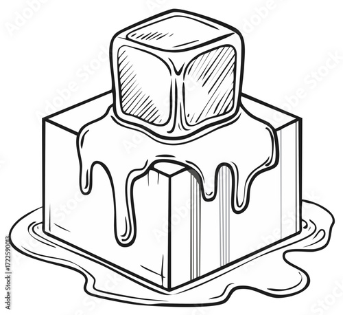Illustration of melting ice cubes on square block drawing style for cooler drinks theme