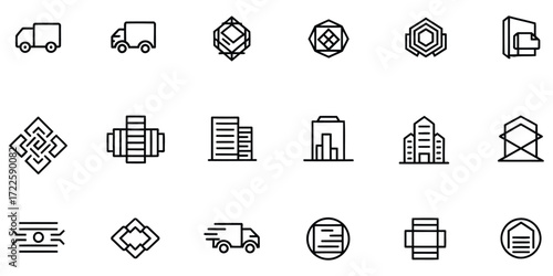Collection of minimalist line icons representing business and industry on transparent background