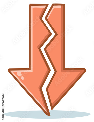 Broken downward arrow symbol showing decline, decrease, or negative trend in cartoon style