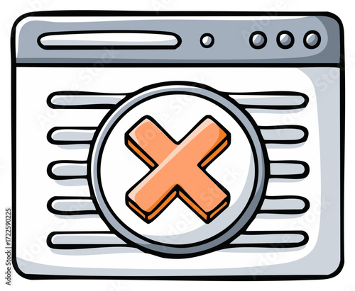 Stylized web browser window with a prominent orange cross symbol signifying an error denial or shutdown
