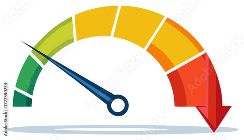 Performance gauge dropping with an arrow indicating a decrease, reduction, or decline. Meter going down showing change or fluctuation.