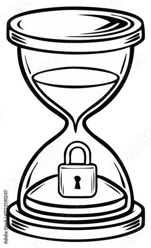 Secure hourglass with pad lock illustration symbolizing protected time and waiting