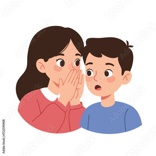 A girl cupping her hands around her mouth, whispering something into the ear of a boy who is listening with a surprised expression,
