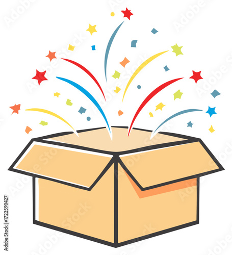 Open box bursting with colorful stars and confetti, surprising celebration illustration
