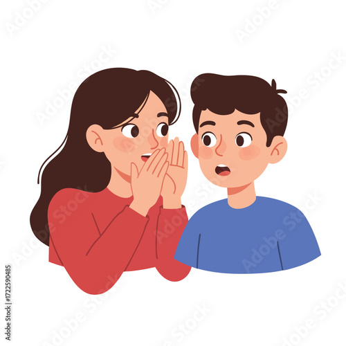 A girl cupping her hands around her mouth, whispering something into the ear of a boy who is listening with a surprised expression,