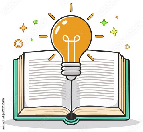 Illuminated lightbulb rising from an open book symbolizing knowledge, learning, and new ideas