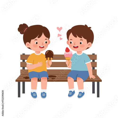  two children sitting on a bench, each holding an ice cream cone that is starting to melt, one chocolate, one strawberry, 