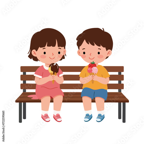  two children sitting on a bench, each holding an ice cream cone that is starting to melt, one chocolate, one strawberry, 