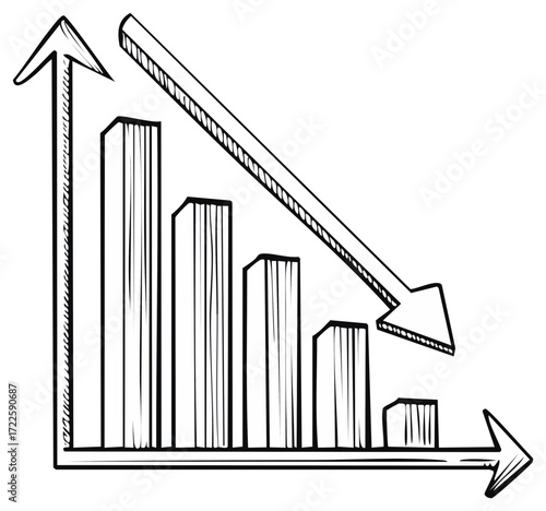 Doodle Style Illustration Depicting Financial Loss and Growth Bar Graph