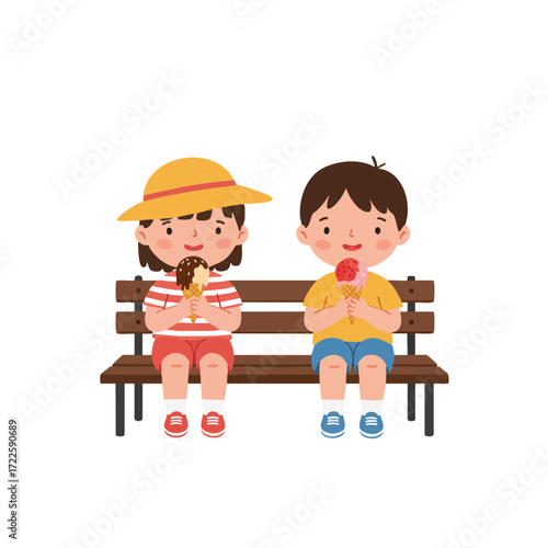  two children sitting on a bench, each holding an ice cream cone that is starting to melt, one chocolate, one strawberry, 