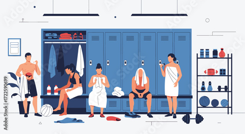 People in the locker room after a workout taking a break and checking their phones.