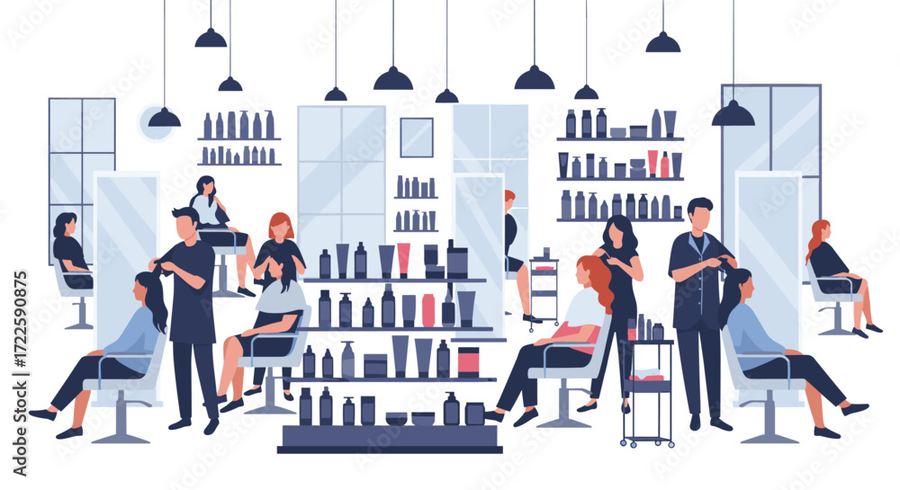 Obraz premium A vibrant hair salon interior bustling with diverse clients and skilled stylists.