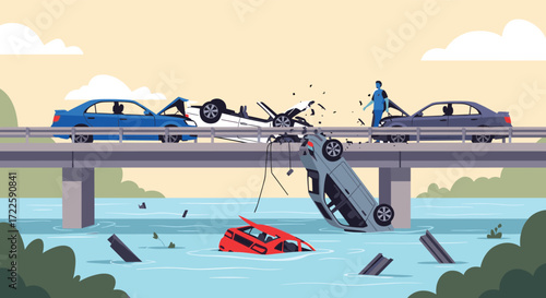 A dramatic scene unfolds on a bridge with cars in distress and submerged vehicles in the water below.