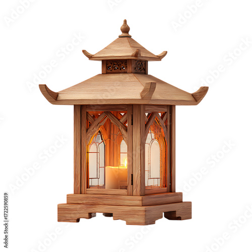 Ornate wooden pagoda lantern with candle isolated on transparent background.