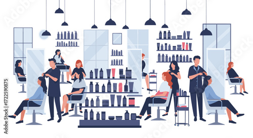A vibrant hair salon interior bustling with diverse clients and skilled stylists.